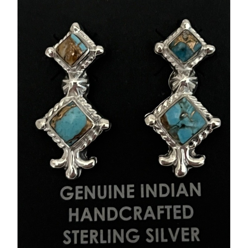 Navajo Native American Sadie Jim Sterling Silver Turquoise Spiny Earrings Post - Picture 6 of 9